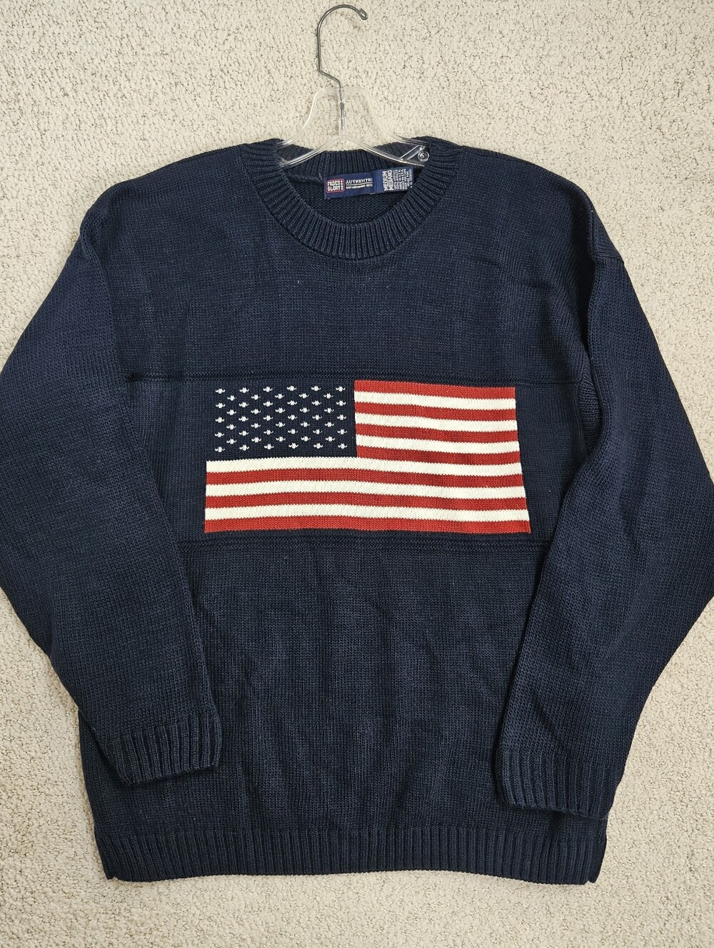 Vintage American Flag Sweater Mens M Heavy Knit Crew Neck Pullover Blue USA